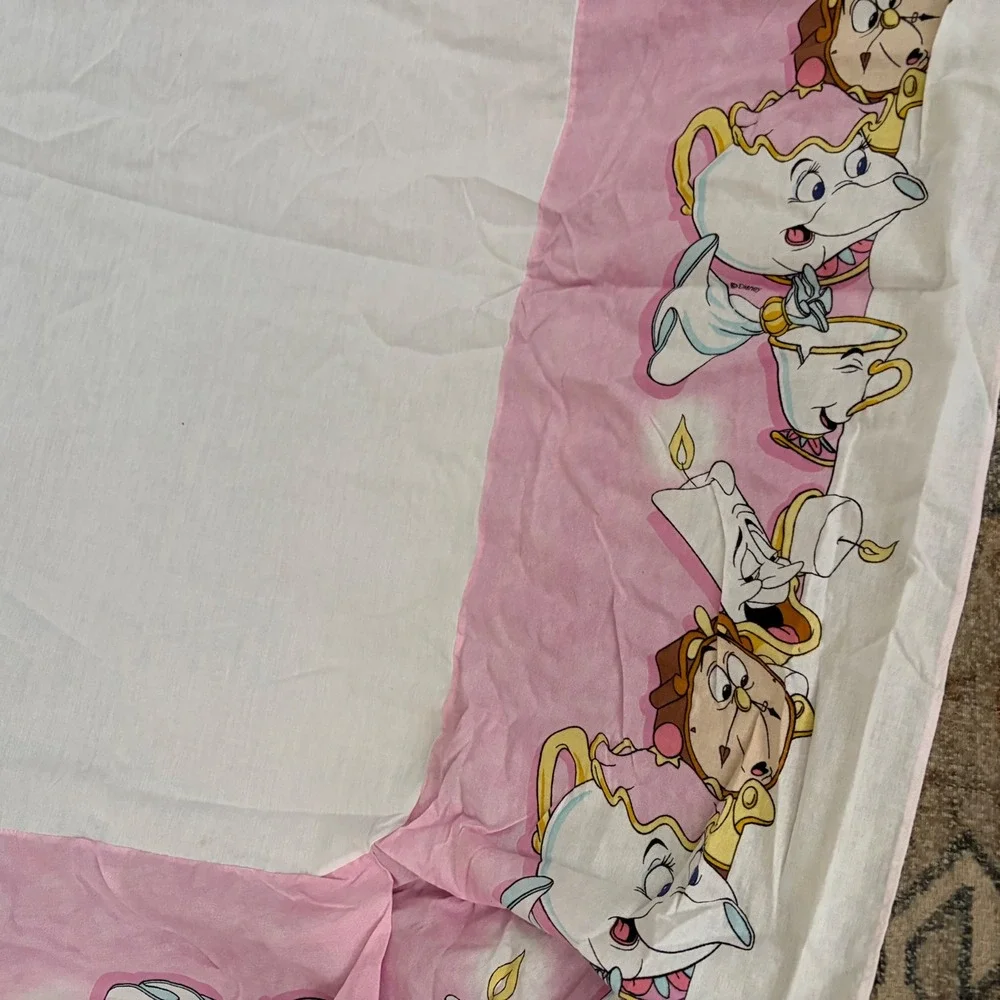 Vintage Disney Beauty and the Beast Twin Flat Sheet Mrs Potts Lumiere Pink White